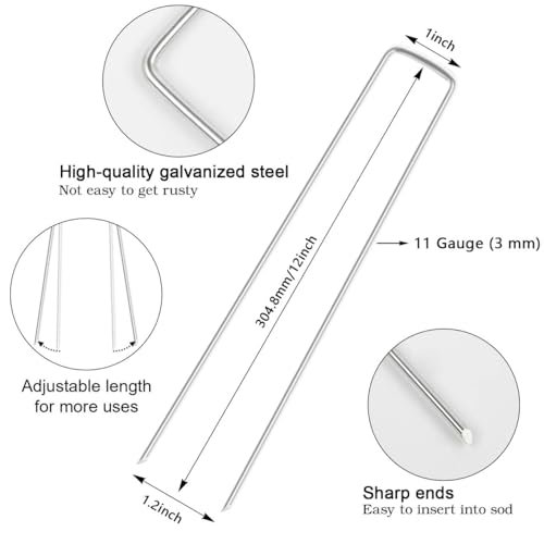 FEED GARDEN 12 Inch 50 Pack Galvanized Landscape Staples 11 Gauge Anti-Rust Garden Stakes Landscaping Fabric SOD Pins Yard Stakes for Weed Barrier Fabric - size: 12 Inch