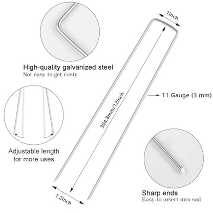 FEED GARDEN 12 Inch 50 Pack Galvanized Landscape Staples 11 Gauge Anti-Rust Garden Stakes Landscaping Fabric SOD Pins Yard Stakes for Weed Barrier Fabric - size: 12 Inch