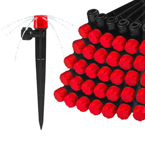 30 Pieces Quick Connect Drip Irrigation Emitters for 1/4" Tubing, Adjustable 360 Degree Water Flow Irrigation Muti Stream Spray Emitter On 5" Stake for Garden Watering System - color: Red Quick Connect Emitter-30P