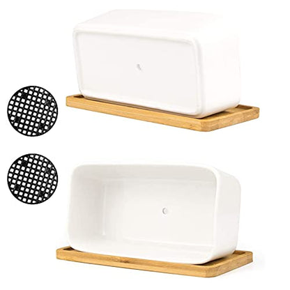 White Ceramic Succulent Planters, Indoor and Outdoor Succulent Planters, Set of 2 Small Cactus Containers, Bonsai Pots, Flower Pots with Drainage Hole and Bamboo Bowl (No Plant) - color: Rectangular