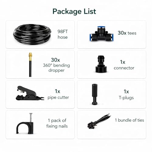 360° Adjustable Drip Irrigation System - Compatible 1/4" Irrigation System, 98FT Garden Watering Atomizing System with 30pcs Nozzles, Greenhouse Accessories for Yard, Lawn, Plants, Garden (98Ft) - size: 98Ft