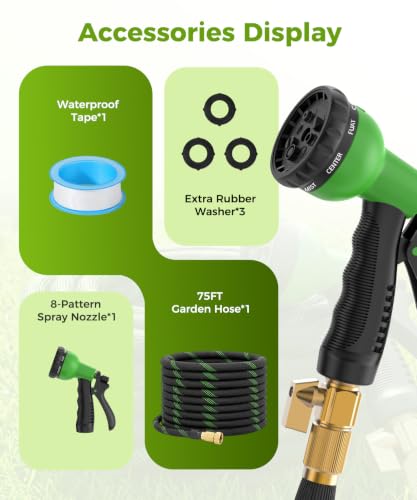 75ft Garden Hose, Non-Expandable Water Hose with 8 Function Spray Nozzle, Lightweight, Knik-Free, Burst-Resistant, Durable & Flexible 3/4" Garden Hose for Lawn, House Cleaning, Car Washing - size: 75ft