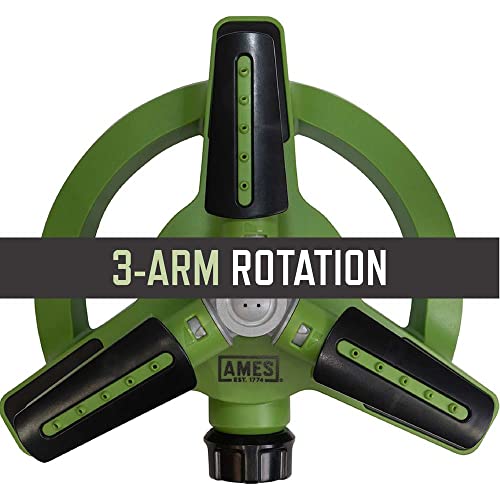 AMES Rotating Revolving Sprinkler with 3 Arms, 360 Degrees, Adjustable Lawn or Garden Watering, Large Spray Area Coverage, Easy Hose Connection, Green - style: Rotating Sprinkler