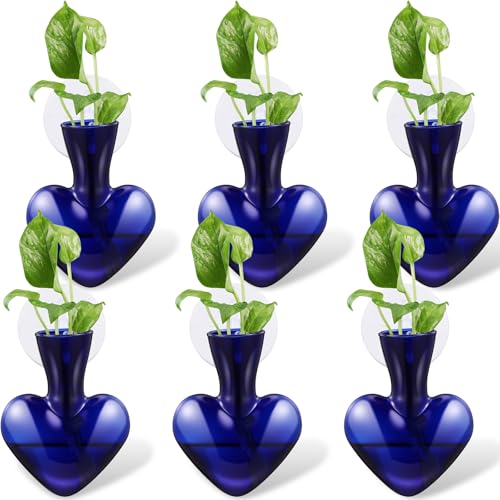 Maxdot 6 Pcs Wall Hanging Window Propagation Stations Glass Heart Plant Vase with Suction Cups Air Plant Terrarium for Hydroponics Home Office Decor (Blue) - color: Blue
