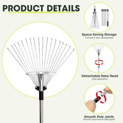 Rake for Leaves 18 Teeth, 8-17" Adjustable Width Metal Rake - size: 8"-17" Wide, 34"-66" Long