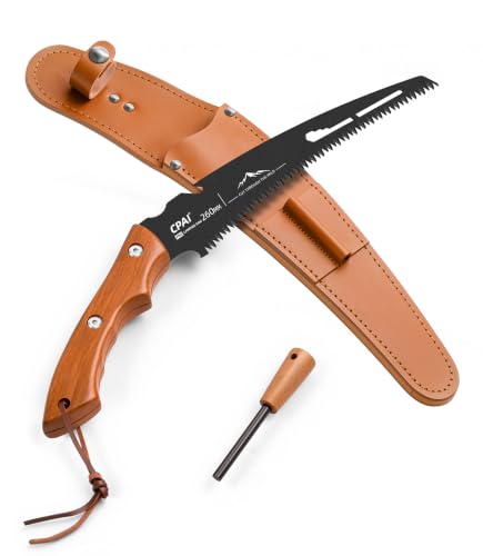 S53 Curved Pruning Saw, 10-Inch SK85 Steel Hand Saw with Triple-Ground Teeth, Rosewood Handle, Protective Leather Sheath and Fire Starter for Tree Trimming, Camping, Gardening, Bushcraft