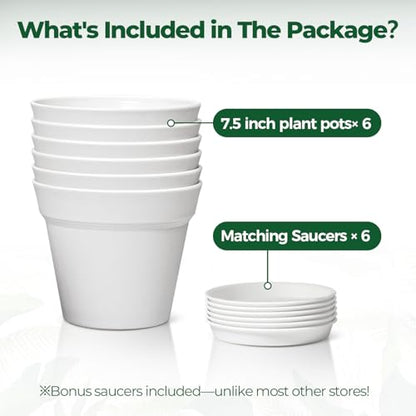 T4U Plant Pots 7.5 Inch 6 Pack, Plastic Flower Pots Indoor Drainage, White - color: White, size: 7.5 inch