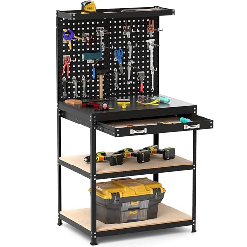Goplus Workbench with Drawer, 32" x 16" Heavy-Duty Work Table with 2 PCS Pegboard & 4 Shelves, 19 Hanging Hooks, 495LBS Capacity, Metal Tool Storage Work Bench for Garage, Workshop, Home - color: Black, size: 32" x 16" with Drawer