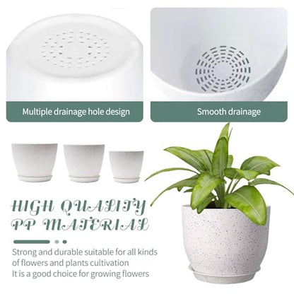 10/9/8 inch Plant Pots, 3 Pack Plastic Flower Pots Modern Flower Pots with Drainage Holes and Trays are for Indoor and Outdoor Plants, Herbs and Flowers,White Speckles - color: White