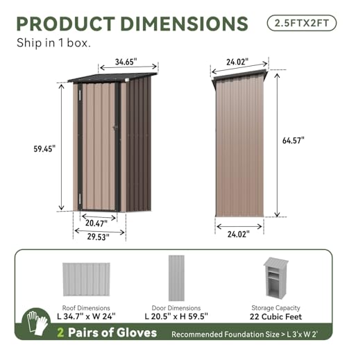 Aoxun Outdoor Storage Shed with Floor - Vertical Cabinet, 3x3 FT Metal Shed with 2 Adjustable Shelves & Lockable Doors Waterproof Tools Shed for Backyard, Garden, Patio, Lawn (Brown) - size: 3' x 3'