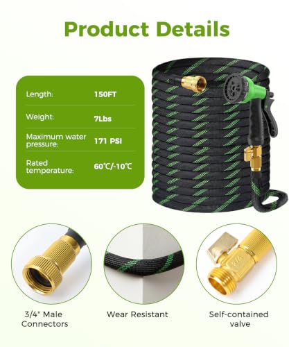 150ft Garden Hose, Non-Expandable Water Hose with 8 Function Spray Nozzle, Lightweight, Knik-Free, Burst-Resistant, Durable & Flexible 3/4" Garden Hose for Lawn, House Cleaning, Car Washing - size: 150ft-1