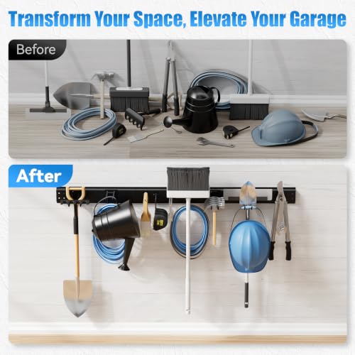49.5" Garage Tool Organizer Wall-Mounted, Heavy Duty Garage Wall Organizer with 10 Adjustable Hooks, Garden Tool Storage Rack, Holds Up to 400 lbs - size: 49.5 in/10 hooks