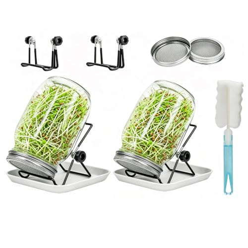 Lulonpon 2pcs Sprouts Growing Jar Kit, Wide Mouth Quart Mason Jars with Stainless Steel Screen Sprout Lids, 86mm,1000ml,Stand,Tray and Canning Brush,Seed Sprouter Set for Broccoli, Alfalfa, Mung Bean - color: White-NoCover2PTray
