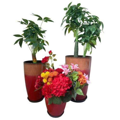 24,21,11 Inch Large Plastic Planters with Drainage Hole and Saucer - Set of 3 Tall Plant Pots Indoor Flower Pot Tall Round Planters Outdoor Large Tall Planter - color: Sunset Red