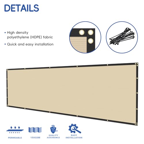 Bynbbur 8' x 20' Beige Privacy Fence Screen Net Fencing 90% Privacy Blockage Windscreen Mesh Shade Cover with Copper Grommet for Patio Backyard Garden Swimming Pool, Zip Ties Included