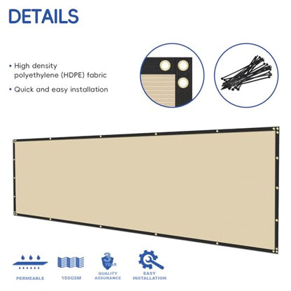Bynbbur 8' x 20' Beige Privacy Fence Screen Net Fencing 90% Privacy Blockage Windscreen Mesh Shade Cover with Copper Grommet for Patio Backyard Garden Swimming Pool, Zip Ties Included