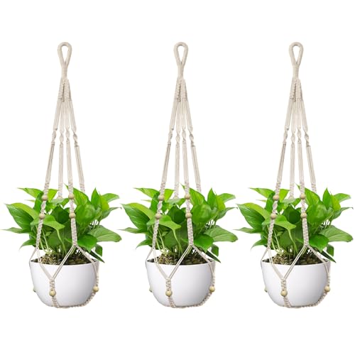 USLAI Macrame Plant Hanger, for Up to 15 Inch Pots, 35 Inch, Ivory, 3 Pack - color: 35+35+35 Inch - Ivory