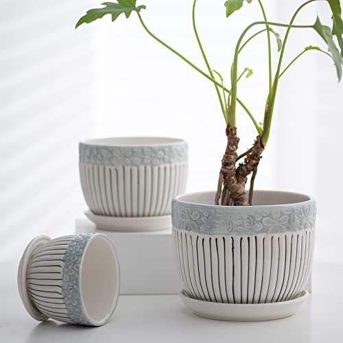 Gray Flower Pots, Texture Ceramic Plant Pots for Indoor Plants Set of 3 - color: Gray