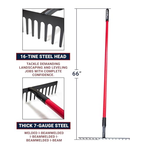 Bully Tools 7-Gauge 16-Tine Stone Rake, 66" Fiberglass Long Handle