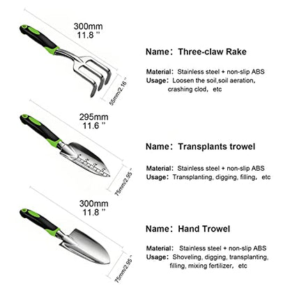 Gardening Hand Tool Set 3 Pack - MDSXO Heavy Duty Gardening Kit with Non-Slip Soft Ergonomic Handle, Great Garden Gift for Women Men[Stainless Steel]