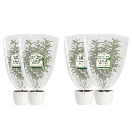 4-Pack Fine Mesh Plant Cover with Drawstring, 3.3x4.9FT - 4.0x4.9FT, Reusable Garden Netting for Vegetables, Flowers, Fruit Trees and Potted Plants, Insect Barrier Plant Protection Net - size: 3.3*4.9Ft + 4.0*4.9Ft-4pack