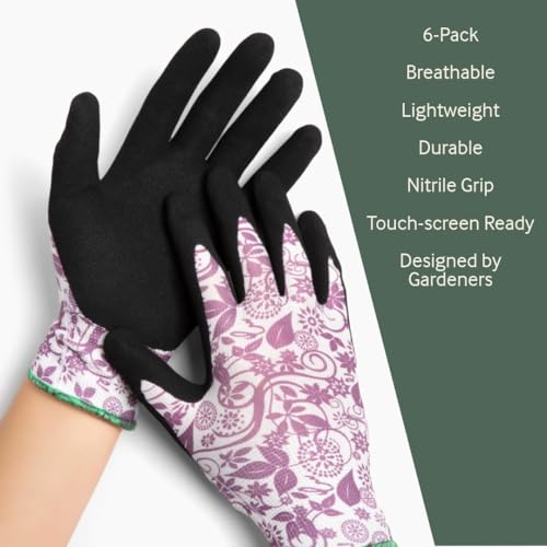 Garden Gloves 6-pack Womens Ladies Lightweight Floral Gloves with Nitrile Grip for Gardening Landscaping Weeding Work Gloves - size: Small