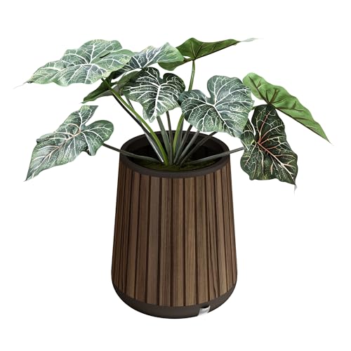 Keter Signature Conic 23.8 Inch Tall Round Large Wood Look Planter for Indoor or Outdoor Flower Pot Ideal for Patio Deck and Front Porch Decor, Rosewood - style: Conic