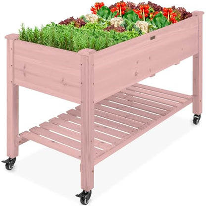 Best Choice Products Raised Garden Bed 48x24x32-inch Mobile Elevated Wood Planter w/Lockable Wheels, Storage Shelf, Protective Liner - Pink - color: Pink