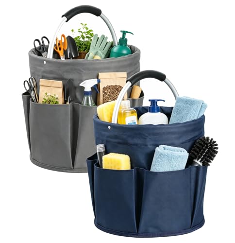 17L Cleaning Caddy for Cleaning Supplies, 2Pieces Portable Garden Tool Bag with 6 Pockets, Foldable Tool Bucket Organizer, Storage Basket for Bathroom, Garden, Dark Gray + Navy Blue - color: Dark Gray + Navy Blue, size: 2PCS