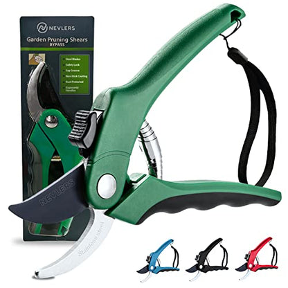 Nevlers 8" Green Bypass Pruning Shears Heavy Duty Pruning Scissors - color: Green, size: Bypass