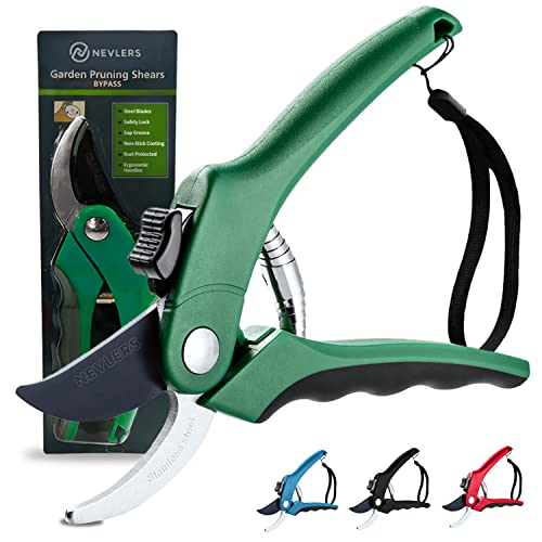 Nevlers 8" Green Bypass Pruning Shears Heavy Duty Pruning Scissors - color: Green, size: Bypass