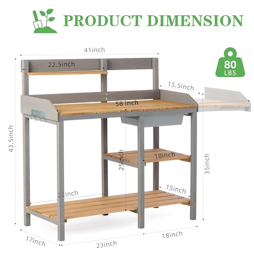 Wooden Potting Bench Table with Sink,Outdoor Garden Table Work Bench with Shelf, Workstation for Outside Lawn Patio - size: 17"x41"x43.5" w/Shelf