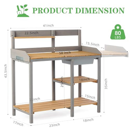 Wooden Potting Bench Table with Sink,Outdoor Garden Table Work Bench with Shelf, Workstation for Outside Lawn Patio - size: 17"x41"x43.5" w/Shelf