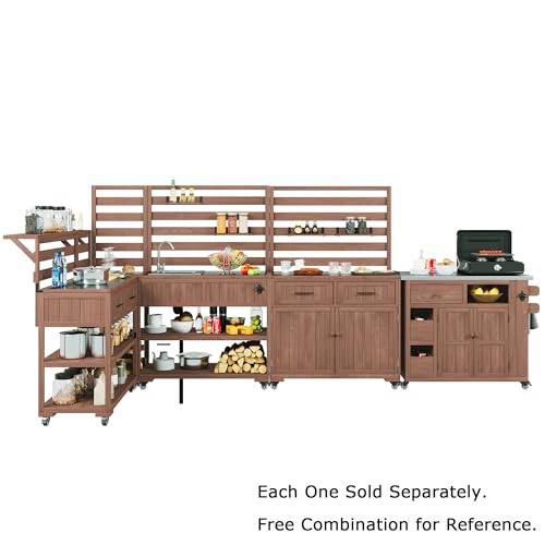 GDFStudio Winford Patio Kitchen Island Cart with Extendable Top, Wooden Outdoor Storage Cabinet with Stainless Steel BBQ Prep Table Top, Drawers, Spice Rack and Lockable Wheels, Potting Bench, Brown - color: Brown