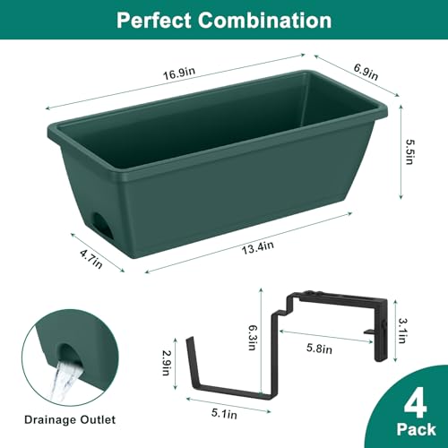 4 Pack Deck Railing Planter 17'' Balcony Fence Planters for Railing Hanging - color: Green+black Brackets