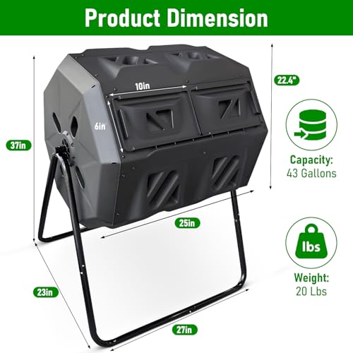 43 Gallon Dual Chamber Compost Tumbler - Outdoor Rotating Composting Bin with Easy-Turn System & Aeration - BPA-Free Large Garden Waste Bin for Kitchen Scraps & Yard Manure - Weather-Resistant - size: 43 Gallon