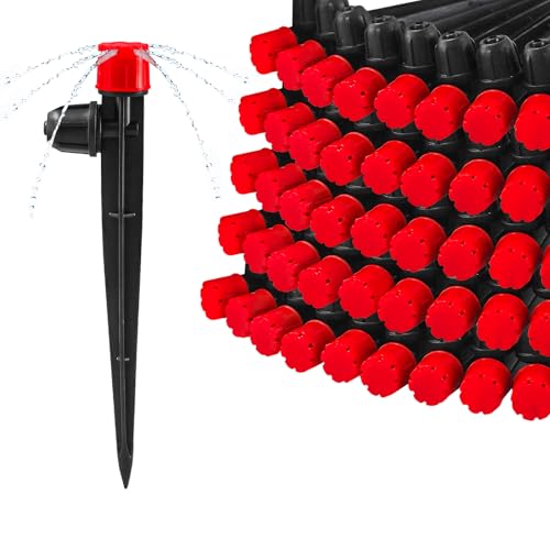 55 Pieces Drip Irrigation Emitters for 1/4" Tubing, Adjustable 360 Degree Water Flow Irrigation Multi Stream Spray Emitter On 5" Stake for Garden Watering System - color: Red Lock Emitter-55P