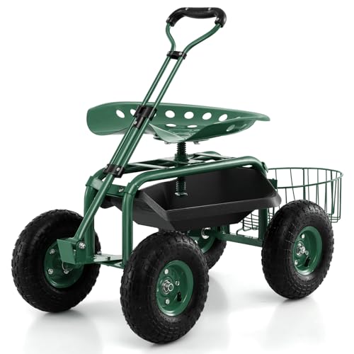 Garden Seat with Wheels, Rolling Stool with Extendable Handle, Storage Basket & Tool Tray, Garden Scooter with 360 Degree Swivel Seat for Outdoor & Yard (Green) - color: Green