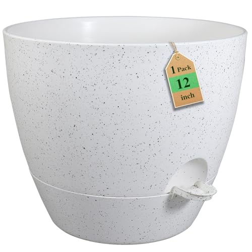 WSMKSZ 12 inch Large Self Watering Pots, Planter, Plant Pots with Multi Mesh Drainage Holes for Indoor Outdoor House Plants and Garden, Plastic Flower Pots with Deep Reservoir, Speckled White - color: Speckled White, size: 12inch 1pcs