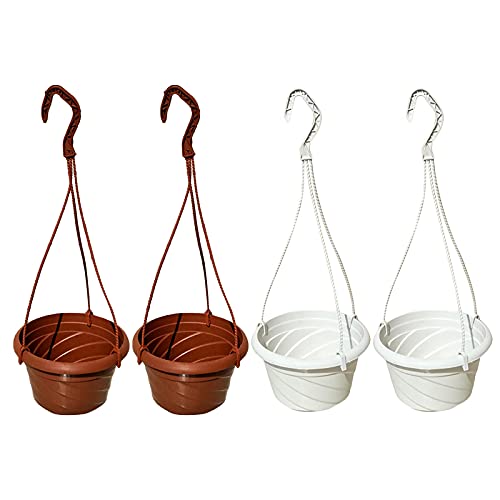 4 Pieces Plastic Hanging Planters, 5.9 in Dia x 3.54 in H, Flower Plant Basket Pots Chain Holder Garden Decoration for Indoor and Outdoor Use, Beige White & Red - color: White，red