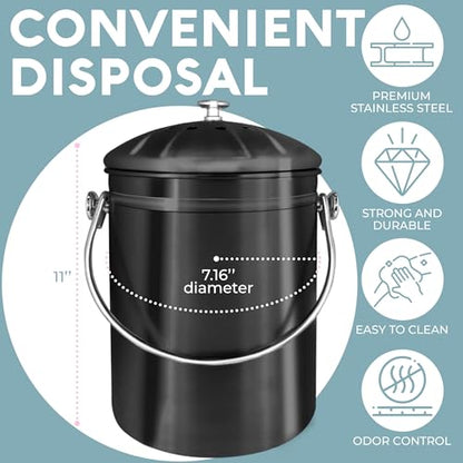 Epica Kitchen Compost Bin for Kitchen Countertops, 1.3 Galllon - Black - color: Black