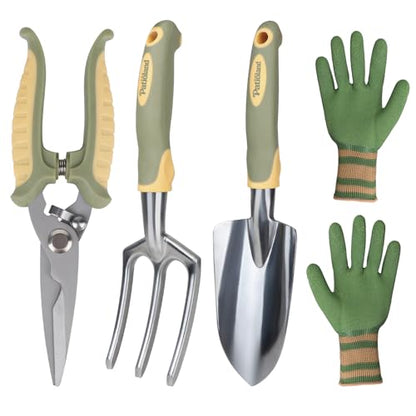 Green Garden Tool Set 4-Piece, Trowel, Fork, Pruning Shear&Gloves - color: green-4pcs
