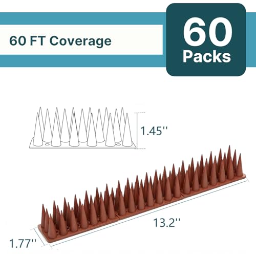 Bird & Animal Deterrent Spikes, 60 Packs Outdoor Plastic Spike Strips for Roof, Ledges, Fence, Walls & Railing, Humane Squirrel, Raccoon & Pigeon Barrier, 60 FT Coverage, Brown - color: Brown, size: 60 FT Coverage