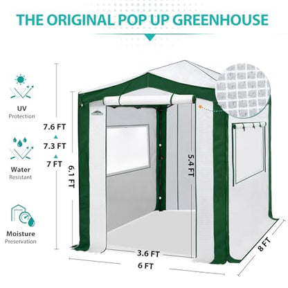 EAGLE PEAK 8x6 Walk in Pop Up Greenhouse, Green/White - color: Green/White, size: 8x6