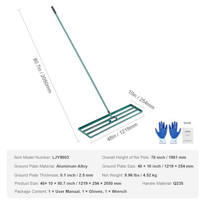 VEVOR Lawn Leveling Rake, 48""x10"" Level Lawn Tool, Heavy-Duty Lawn Leveler with 78"" Steel Extended Handle, Yard Leveling Rake Suit for Garden, Golf Lawn, Farm, Green - size: 48x10 in, style: Classic: Alloy