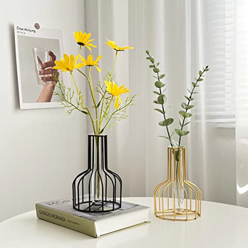 IvyMei Luxurious Nordic Gold Black Table Flower Vase Metal Frame Glass Tube - color: Gold Black