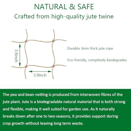 Jute Trellis Netting - Jute Netting for Climbing Plants, Heavy Duty Garden Plant Support Netting for Cucumber, Vine, Fruits & Vegetables Tomato Plants Trellis Net (6.6 x 16.4 Ft, 3.9 Inch Squares)