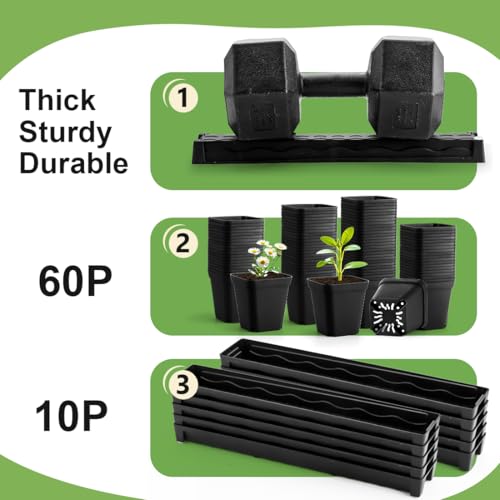 RooTrimmer 10 Pack Plastic Windowsill Saucer with 2.8 inch (7CM) Square Nursery Pots 60pcs, Rectangular Window Sill Plant Pot Trays with Removable Drainage Hole, Thick Plant Saucer Tray (Black) - size: Trays (17"x3"x1.5") + 2.8 Inch Pots-10 Pack
