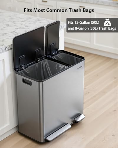 Lovewind Dual Trash Can, 14 + 6 Gallon Garbage Can for Kitchen Dual Compartment Recycling Kitchen Step Trash Bin, Stainless Steel Trash and Recycle Bin Combo with Soft-Close Lid, Silver - color: Silver, size: 14 + 6 Gallon