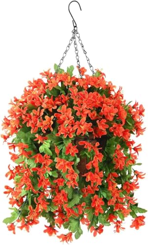 INQCMY Fake Hanging Flowers with Basket Artificial Violet for Outdoor - color: Orange